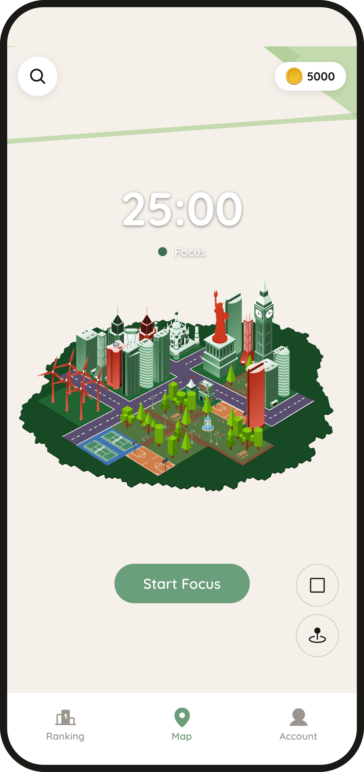 Focus City app showing a fully built city with skyscrapers, parks and roads